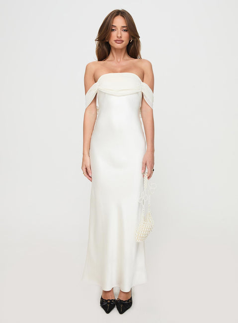 front view of model wearing Princess Polly Adoration Maxi Dress Cream Straight Neck 