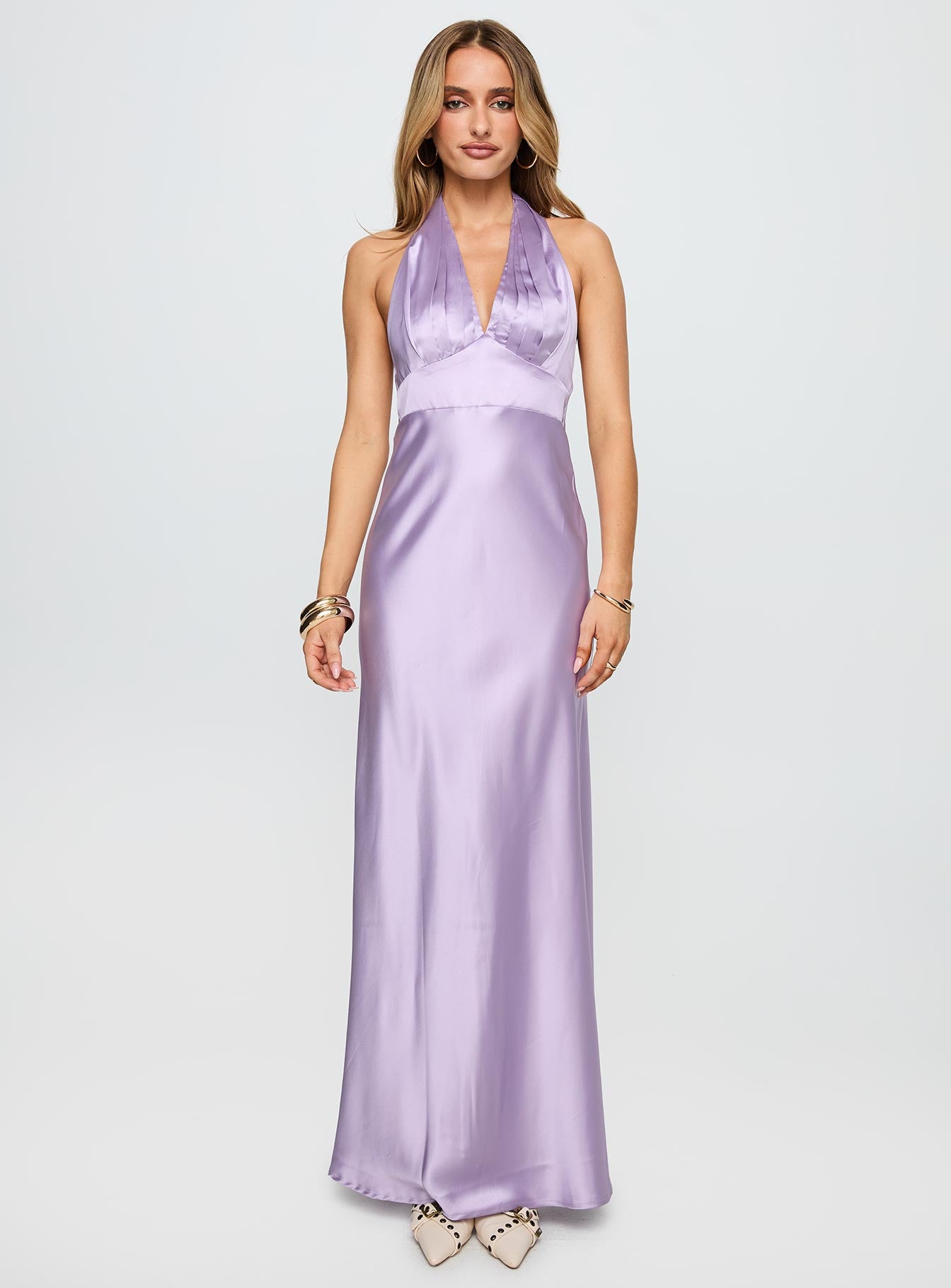 front view of model wearing Princess Polly Big Screen Halter Maxi Dress Lilac Plunger 