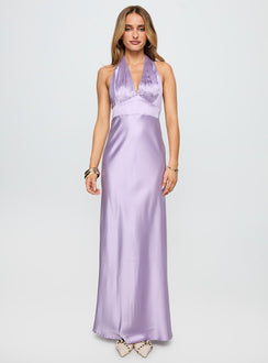 front view of model wearing Princess Polly Big Screen Halter Maxi Dress Lilac Plunger 