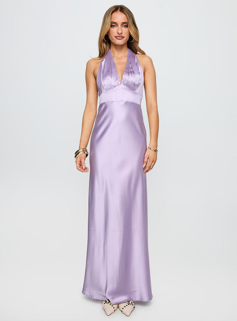 front view of model wearing Princess Polly Big Screen Halter Maxi Dress Lilac Plunger 