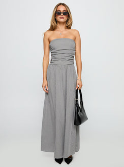 front view of model wearing Princess Polly Arkadia Strapless Maxi Dress Black / White Check Straight Neck 