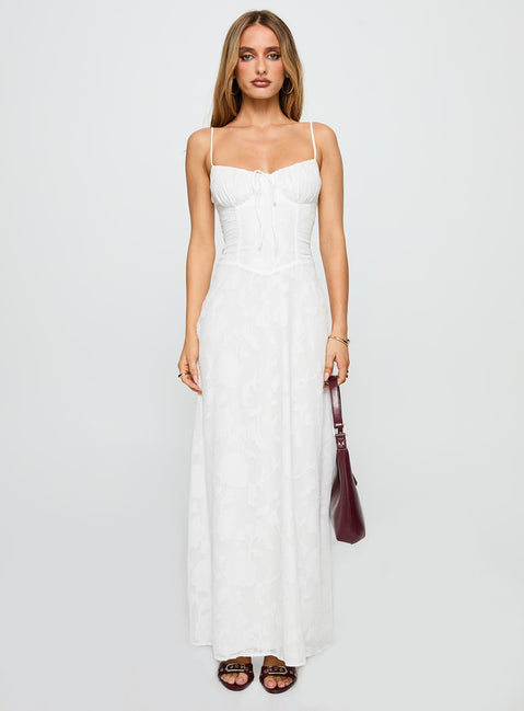 front view of model wearing Princess Polly Kosetta Burnout Maxi Dress White Sweetheart Neckline 