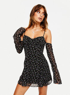 front view of model wearing Princess Polly Berrigan Mini Dress Black Sweetheart Neckline 