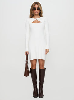 front view of model wearing Princess Polly Valeriya Long Sleeve Knit Mini Dress White High Neck 