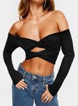 side view of model wearing Princess Polly Reisley Long Sleeve Top Black Full Sleeves Sweetheart 