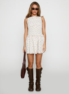 back view of model wearing Princess Polly Yennifer Shirred Mini Dress Floral Multi High Neck 