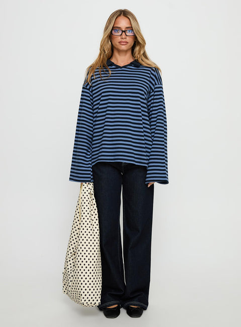 Settle Down Collared Long Sleeve Top Navy Stripe