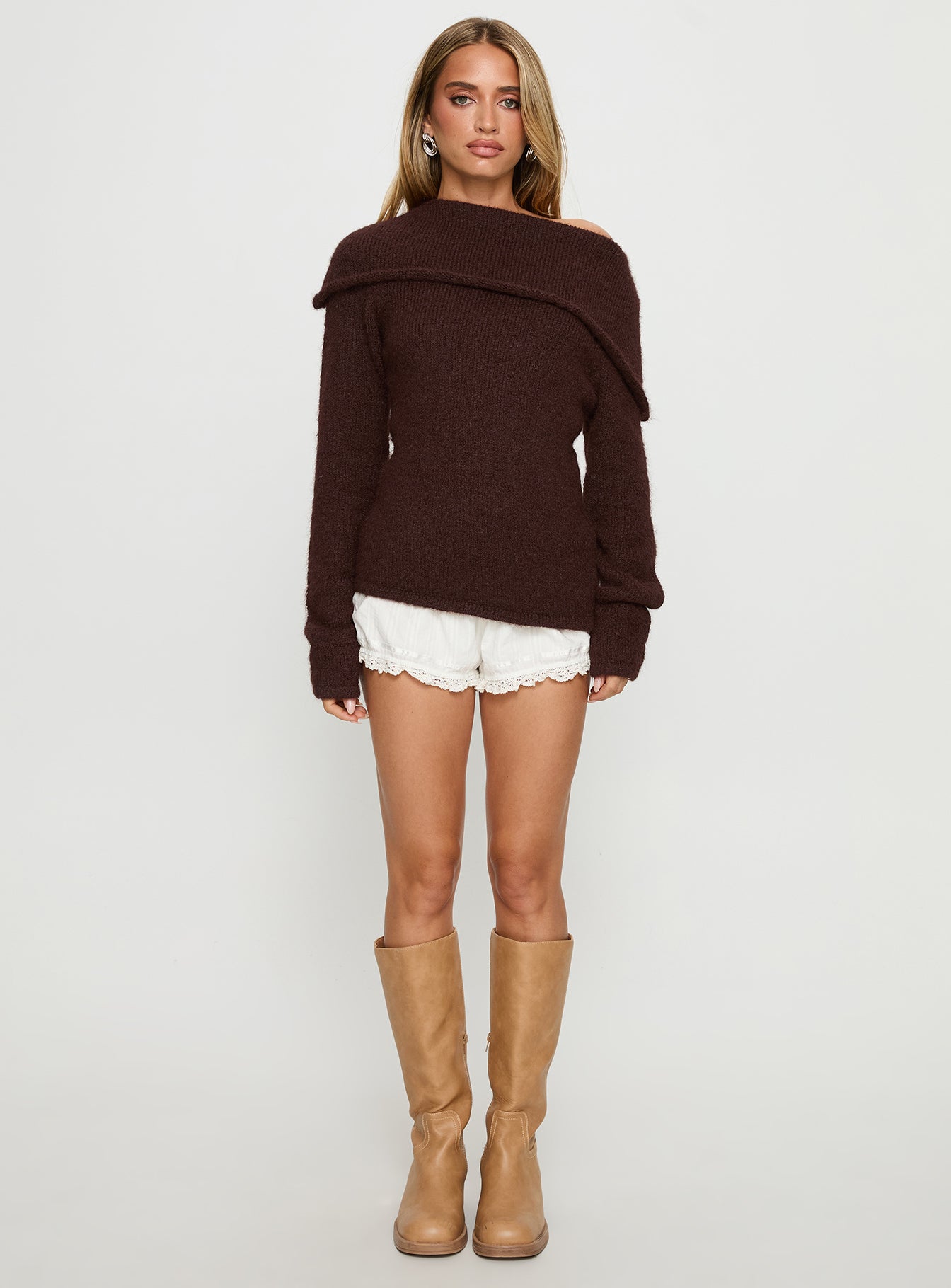 front view of model wearing Princess Polly Kinslea Off Shoulder Knit Sweater Brown regular 