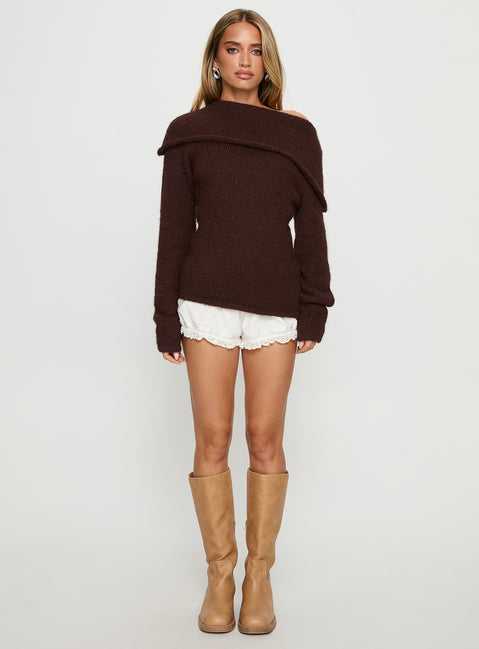 front view of model wearing Princess Polly Kinslea Off Shoulder Knit Sweater Brown regular 