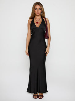 front view of model wearing Princess Polly Gloriana Halter Maxi Dress Black Plunger 