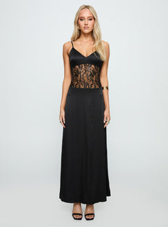 back view of model wearing Princess Polly Captivate Lace Maxi Dress Black V-Neck 