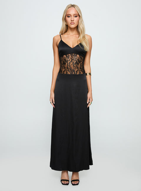 back view of model wearing Princess Polly Captivate Lace Maxi Dress Black V-Neck 