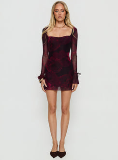 Dalzine Long Sleeve Mini Dress Burgundy Floral