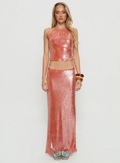   front view of model wearing Princess Polly Emalia Sheer Sequin Maxi Skirt Orange Maxi Skirts 