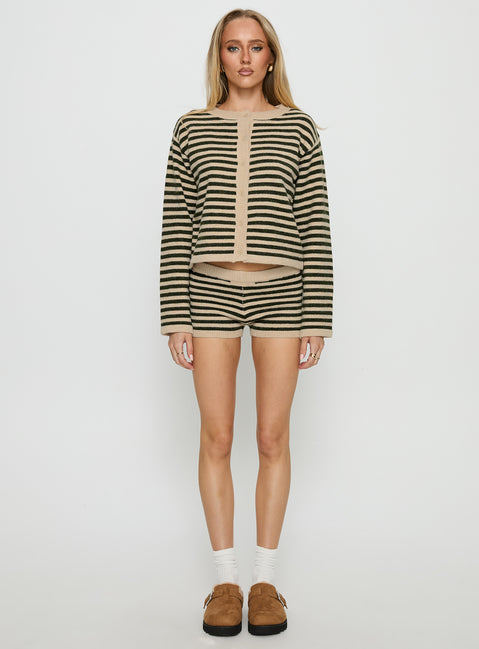 front view of model wearing Princess Polly Kollens Knit Cardigan Beige Multi Cropped Jumpers 