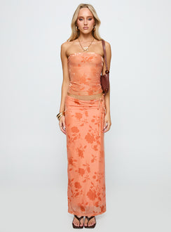   side view of model wearing Princess Polly Mikah Maxi Skirt Orange Maxi 