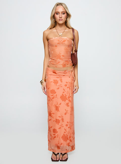   side view of model wearing Princess Polly Mikah Maxi Skirt Orange Maxi 