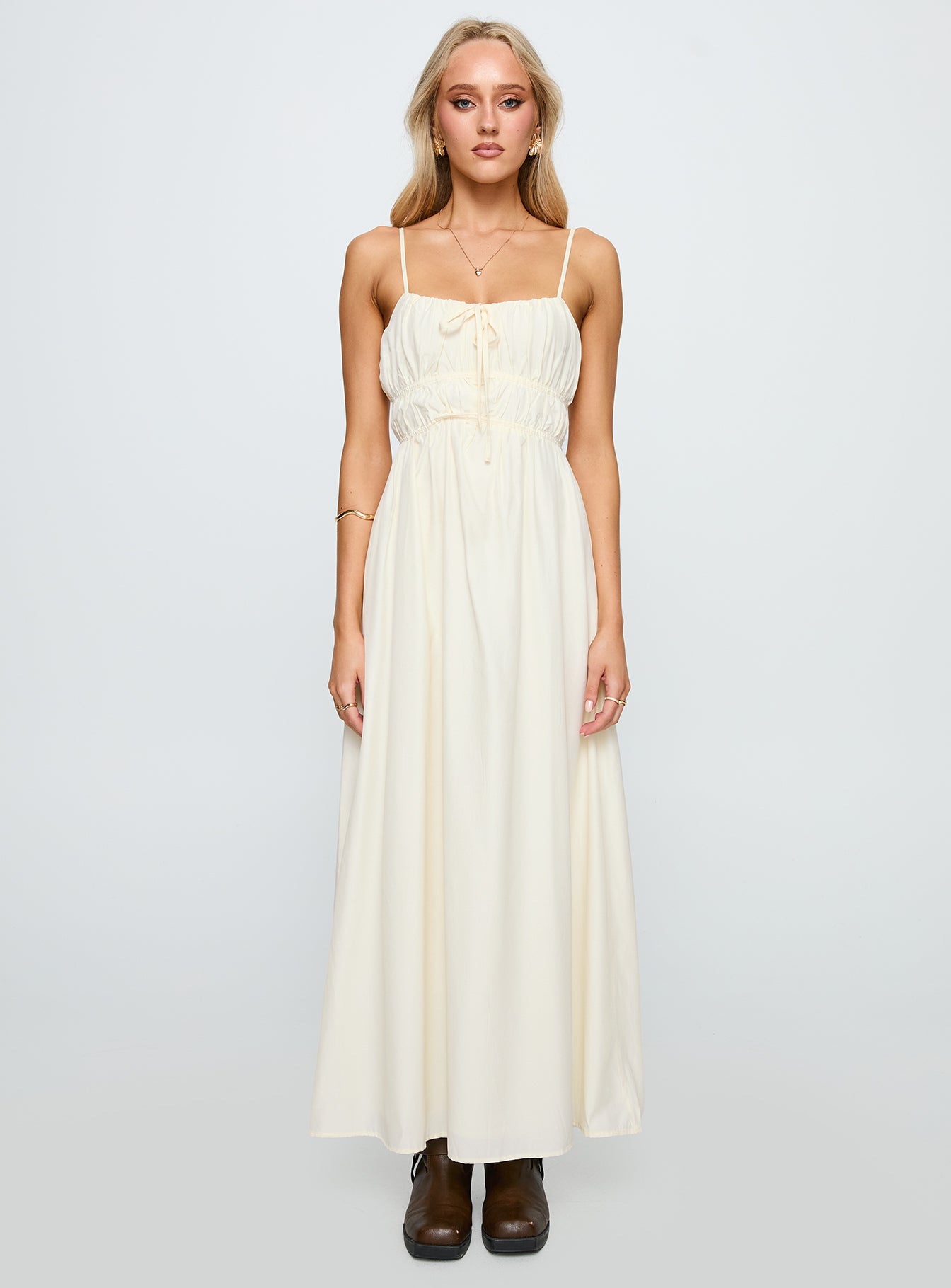 front view of model wearing Princess Polly Violeta Tiered Maxi Dress Cream Square Neck 