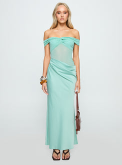 front view of model wearing Princess Polly Only Exception Off The Shoulder Maxi Dress Aqua Straight Neck 