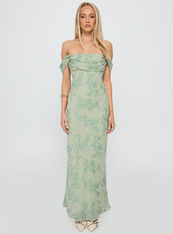 Azura Off The Shoulder Maxi Dress Green Burnout