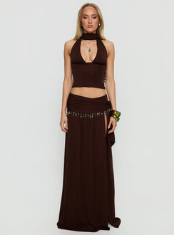   front view of model wearing Princess Polly Spirita Beaded Sarong Maxi Skirt Brown Maxi Skirts 
