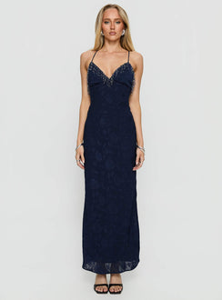 Alvera Fringe Beaded Maxi Dress Navy