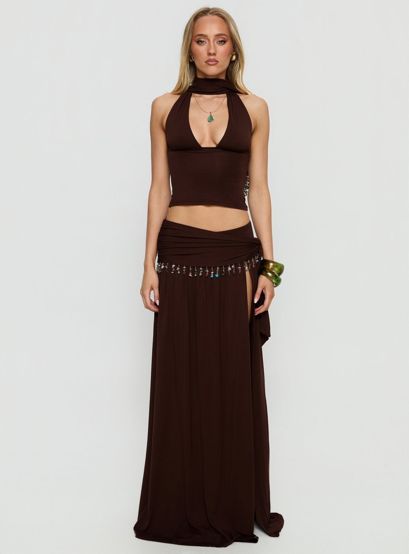 Spirita Beaded Halter Top Brown