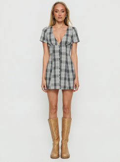 Twist Of Fate V Neck Mini Dress Navy Plaid