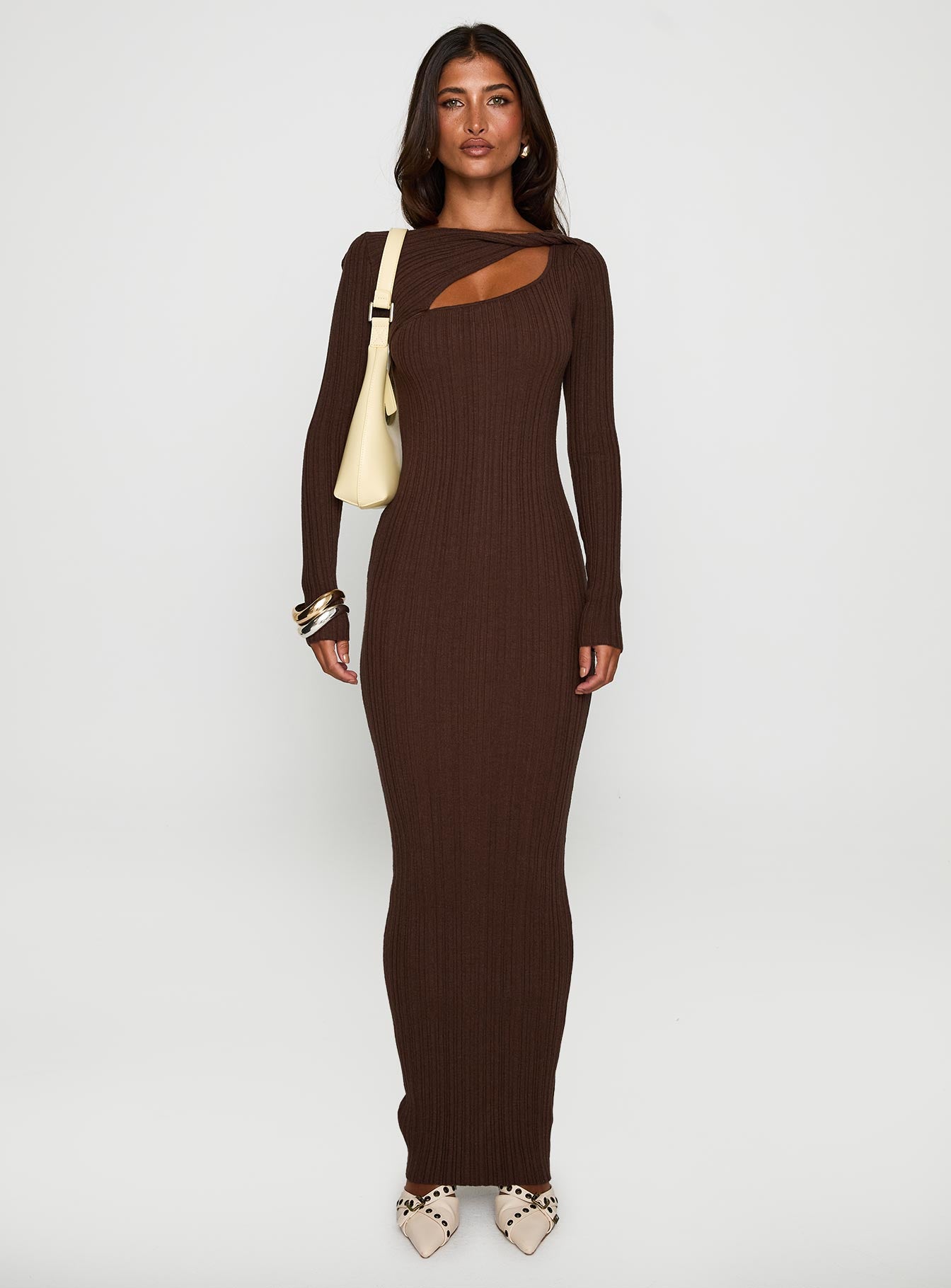 front view of model wearing Princess Polly Gyselle Long Sleeve Maxi Dress Brown Boat Neck 