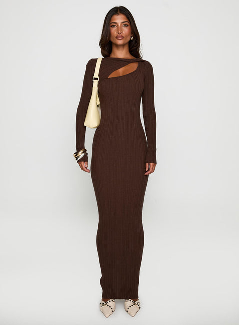 front view of model wearing Princess Polly Gyselle Long Sleeve Maxi Dress Brown Boat Neck 