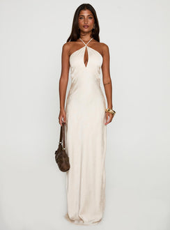 front view of model wearing Princess Polly Limosina Halter Maxi Dress Champagne Plunger 