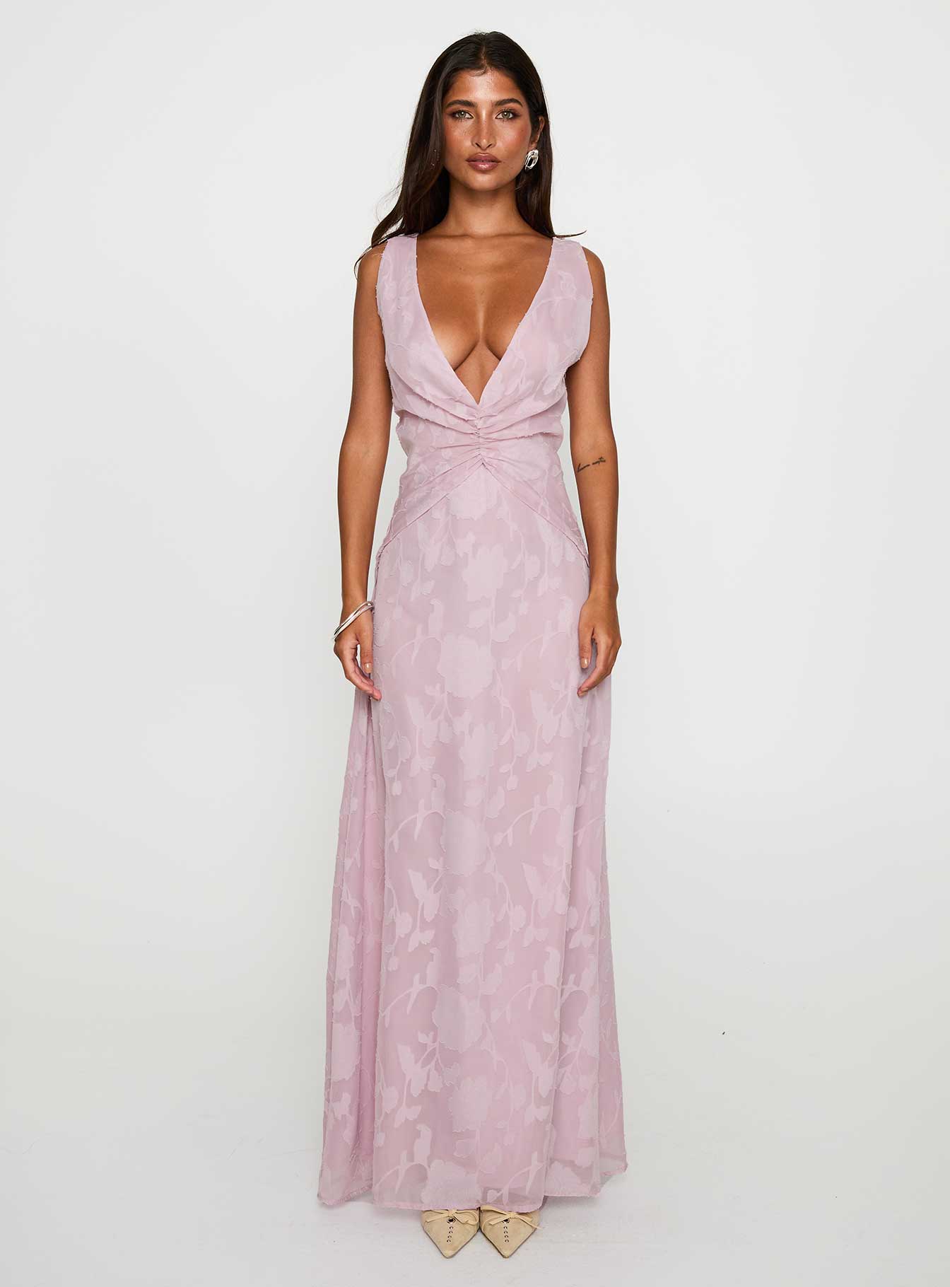 side view of model wearing Princess Polly Frederica Plunge Burnout Maxi Dress Mauve Plunger 