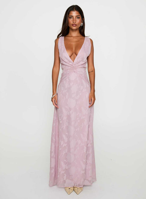 side view of model wearing Princess Polly Frederica Plunge Burnout Maxi Dress Mauve Plunger 