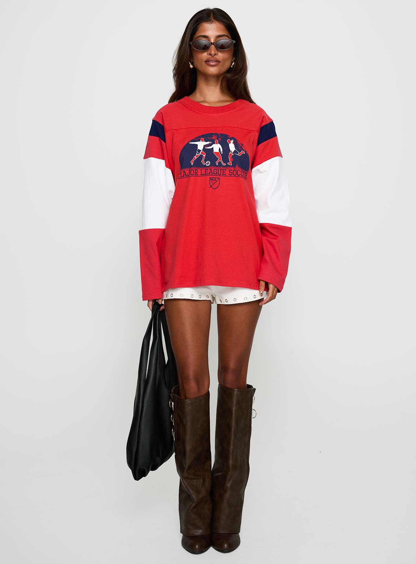 front view of model wearing Princess Polly MLS 96 Retro Long Sleeve Top Red Full Sleeves Crew Neck 