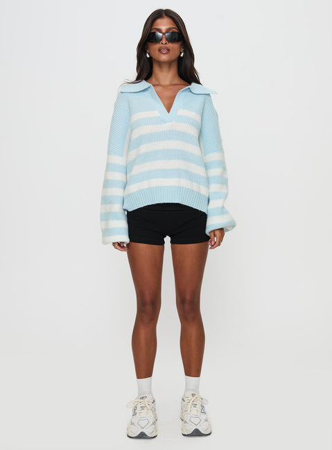 side view of model wearing Princess Polly Carolena Long Sleeve Collared Knit Sweater Blue / White Stripe Long 