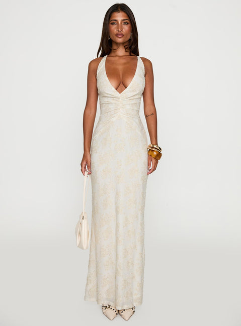 front view of model wearing Princess Polly Starcrossed Halter Maxi Dress Cream Plunger 