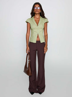 front view of model wearing Princess Polly Crowd Control Collared Top Sage Short Sleeves Plunger 