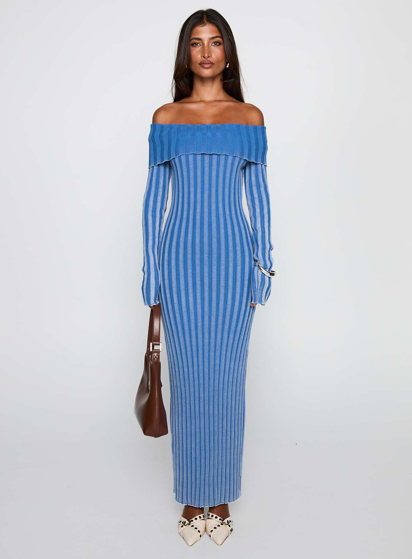 front view of model wearing Princess Polly Mariska Long Sleeve Rib Maxi Dress Blue Straight Neck 