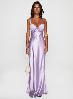 side view of model wearing Princess Polly Fadyen Bias Cut Maxi Dress Lilac Sweetheart Neckline 