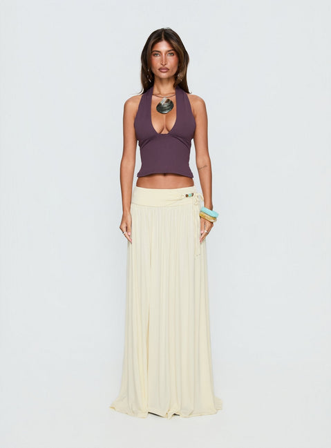   front view of model wearing Princess Polly Velvet Storm Tie Detail Flowy Maxi Skirt Cream Maxi Skirts 