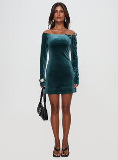 side view of model wearing Princess Polly Intertwine Long Sleeve Mini Dress Forest Green Straight Neck 