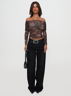 front view of model wearing Princess Polly Good Taste Off Shoulder Long Sleeve Top Multi Full Sleeves straight 