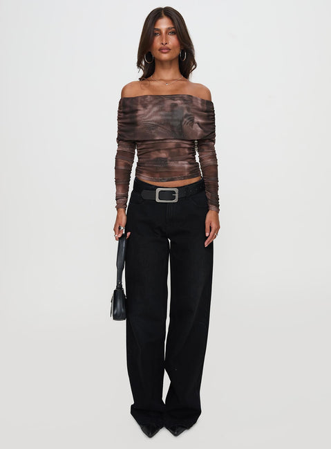 front view of model wearing Princess Polly Good Taste Off Shoulder Long Sleeve Top Multi Full Sleeves straight 