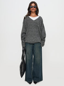 back view of model wearing Princess Polly Beyond My Gaze V Neck Knit Sweater Grey Long 