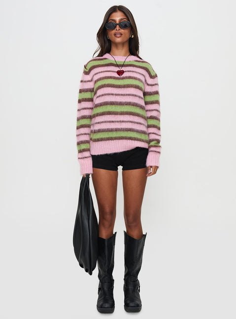 back view of model wearing Princess Polly Maysie Crew Neck Knit Sweater Green / Pink Long 