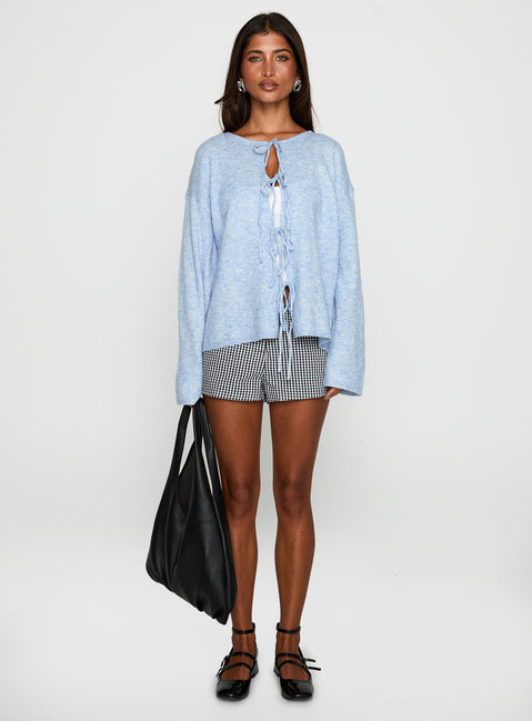 front view of model wearing Princess Polly Frosty Knit Cardigan Blue Long 