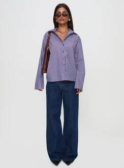 back view of model wearing Princess Polly Trillian Long Sleeve Top Navy Stripe Full Sleeves V-Neck 