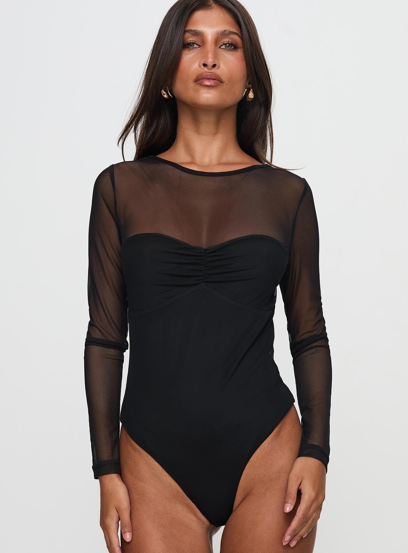 front view of model wearing Princess Polly Delanee Mesh Detail Long Sleeve Bodysuit Black Full Sleeves 