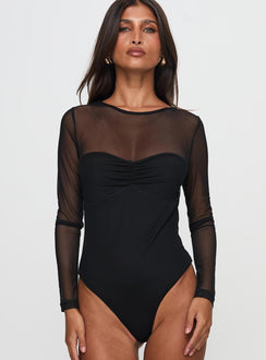 front view of model wearing Princess Polly Delanee Mesh Detail Long Sleeve Bodysuit Black Full Sleeves 