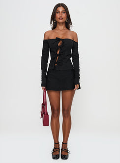 front view of model wearing Princess Polly Wish You The Best Off Shoulder Bow Detail Top Black Sleeveless straight 